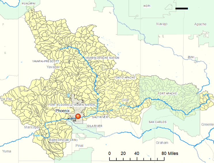 Map of the Verde, Salt, and Gila rivers north of Phoenix, Arizona.