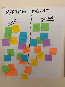A flip chart reads MEETING MGMT., divided into two halfs lengthwise with post-its on each side.