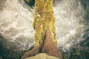 Log bridge over running water.