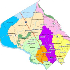 A map of the different watersheds in Montgomery County, Maryland.