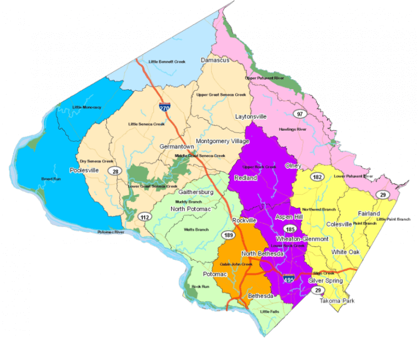 A map of the different watersheds in Montgomery County, Maryland.