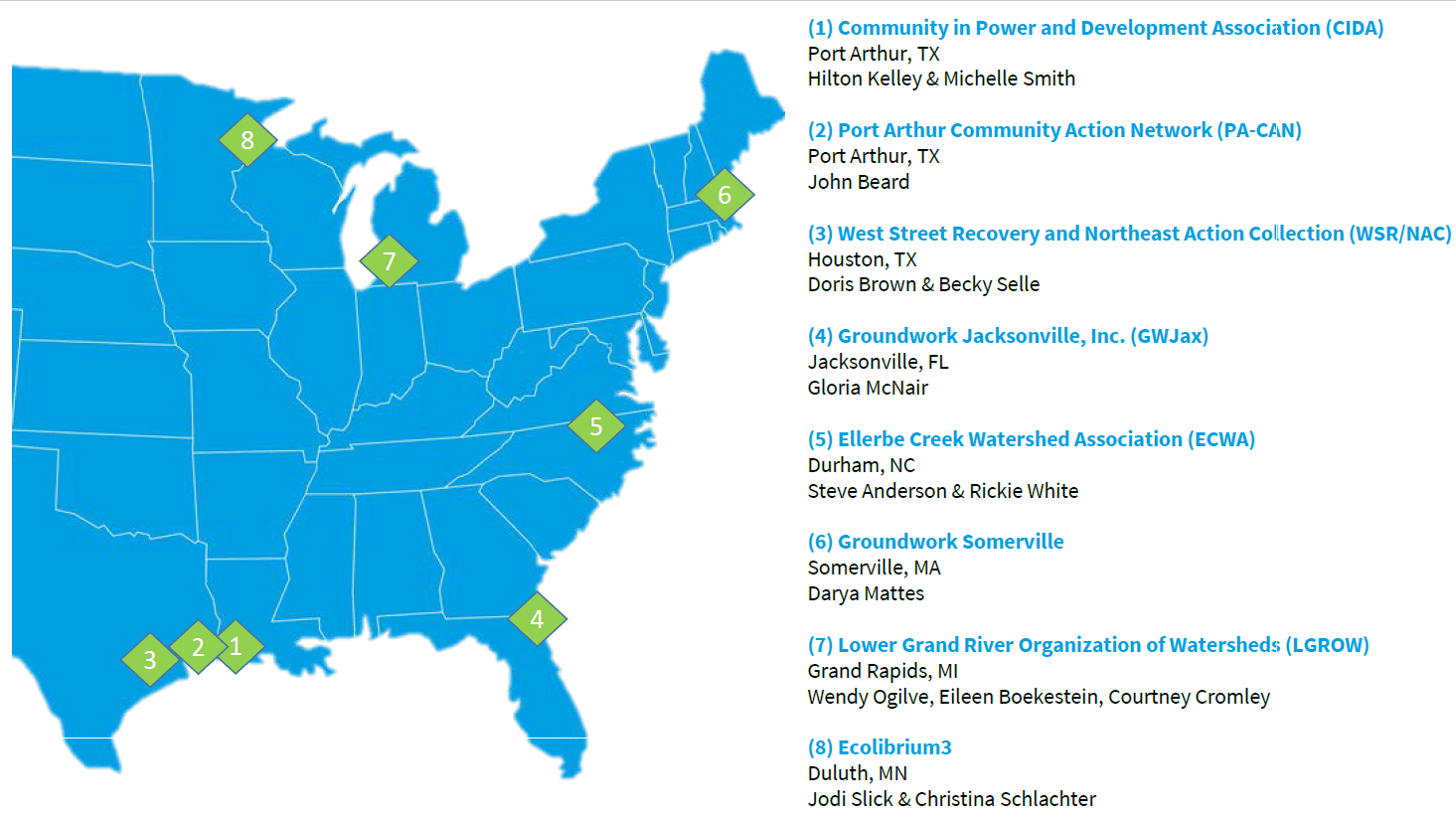 Map of the eastern US showing the locations of River Network's CLR grantee organizations.