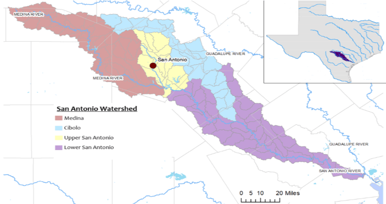 Map of the San Antonio watershed with an inset showing its location within the state of Texas.