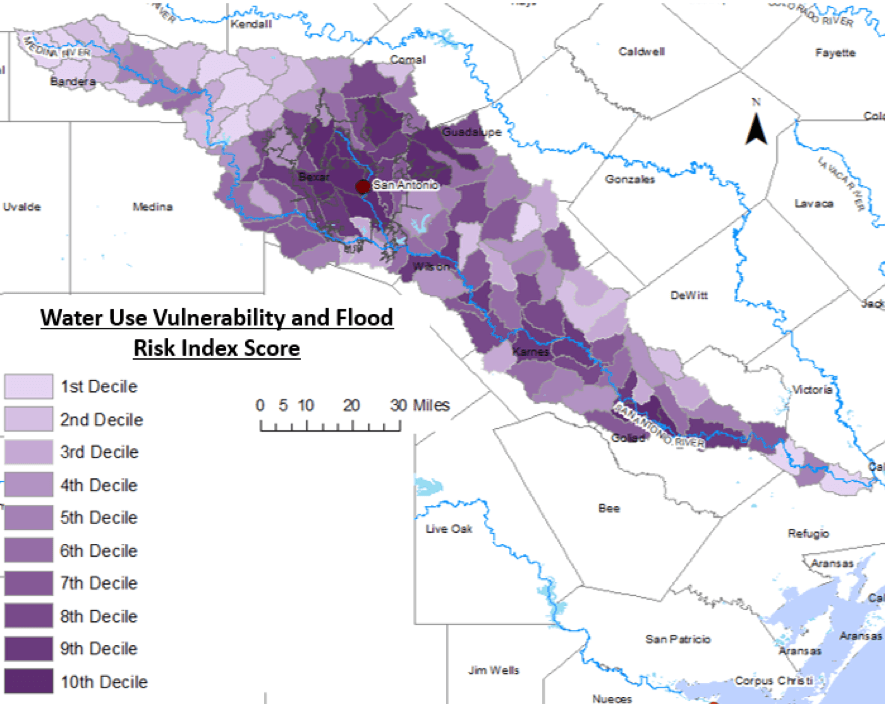San Antonio watershed map showing water use vulnerability and flood risk index scores.