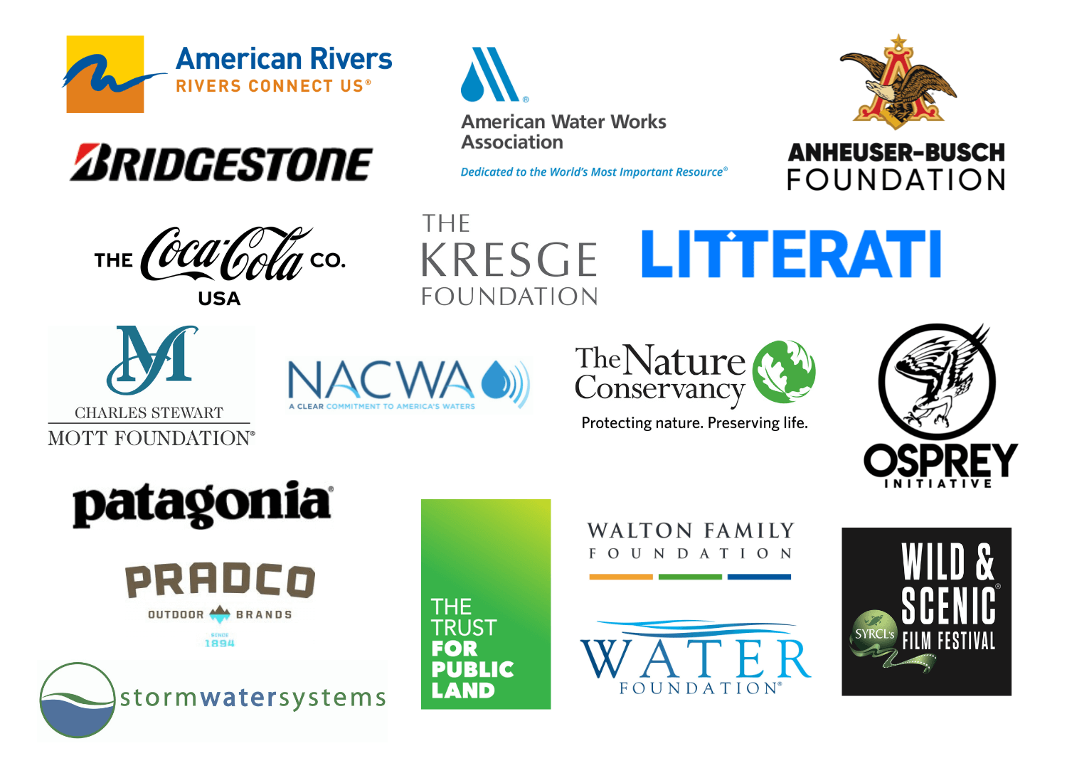 Collabe image of company logos including American Rivers, American Water Works Association, Anheuser-Busch Foundation, Bridgestone, The Coca-Cola Co., The Kresge Foundation, LItterati, Mott Foundation, NACWA, The Nature Conservancy, Osprey Initiative, Patagonia, Pradco, The Trust for Public Land, Walton Family Foundation, Water Foundation, Wild & Scenic Film Festival.