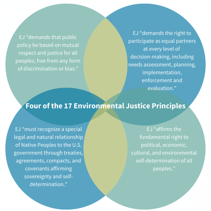 A venn diagram with four blue and green circles with the words "Four of the 17 Environmental Justice Principles" in the middle. Each circle has text of an environmental justice principle. EJ “demands that public policy be based on mutual respect and justice for all peoples, free from any form of discrimination or bias.” EJ “demands the right to participate as equal partners at every level of decision-making, including needs assessment, planning, implementation, enforcement and evaluation.” EJ “must recognize a special legal and natural relationship of Native Peoples to the U.S. government through treaties, agreements, compacts, and covenants affirming sovereignty and self-determination.” EJ “affirms the fundamental right to political, economic, cultural, and environmental self-determination of all peoples.”