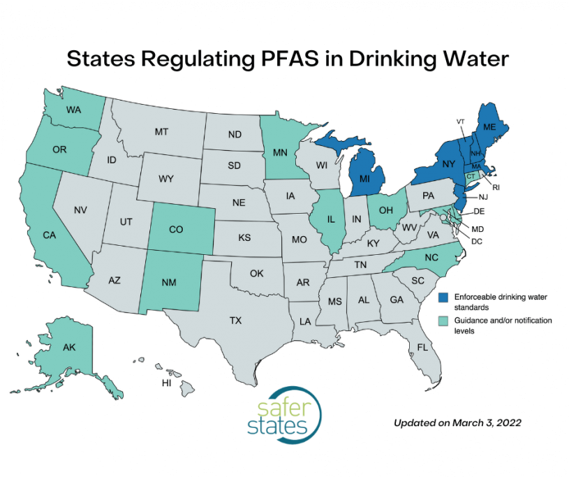 A map of the United States showing which states have regulations for PFAS in drinking water. The title at the top says "States Regulating PFAS in Drinking Water." States are colored in greyish green, green, and blue. Green indicated guidance and/or notification levels, blue indciates enforceable drinking water standards. Map made by SaferStates.