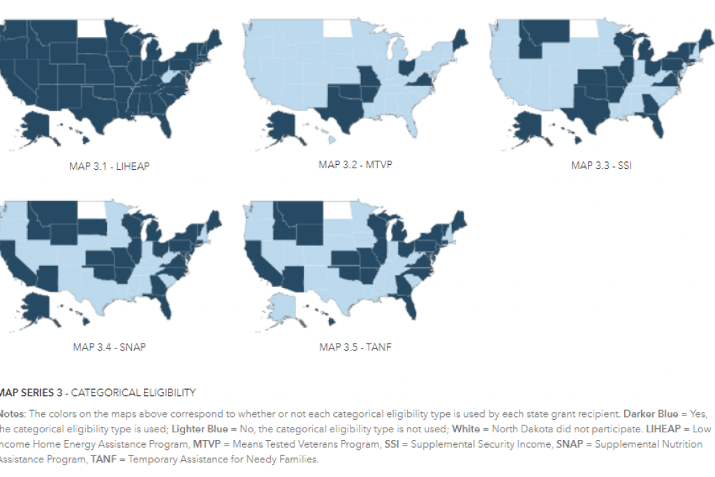 This image shows five maps with gradients of blue to demonstrate which categorical eligibility states are using for the LIHWAP program. An explanation is provided in the text of the blog.