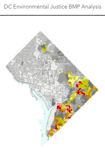 A map of DC's Environmental Justice Best Management Practice Analysis.