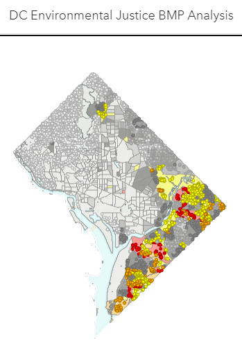 A map of DC's Environmental Justice Best Management Practice Analysis.