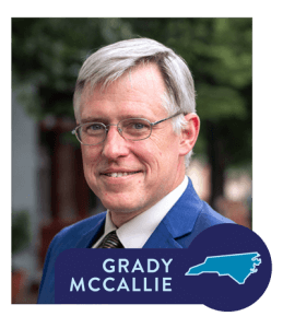 A headshot of Grady McCallie with a blue banner reading his name and a light blue image of North Carolina. 