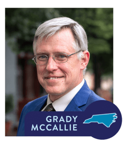 A headshot of Grady McCallie with a blue banner reading his name and a light blue image of North Carolina.