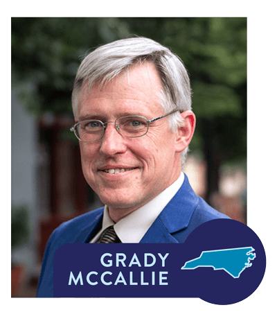 A headshot of Grady McCallie with a blue banner reading his name and a light blue image of North Carolina.