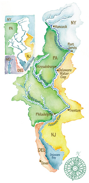 An illustrated map of the Delaware River Basin in pale blue, verdant green, warm yellow, and light orange, with an image of a compass on the bottom right.