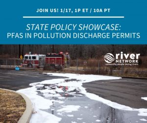 White text on a blue background says "Join us! 1/17, 1 PM ET/10 AM PT, State Policy Showcase: PFAS in pollution discharge permits." Below the text is an image of an snowy wet road with ah firetruck behind a fence in a grassy field.