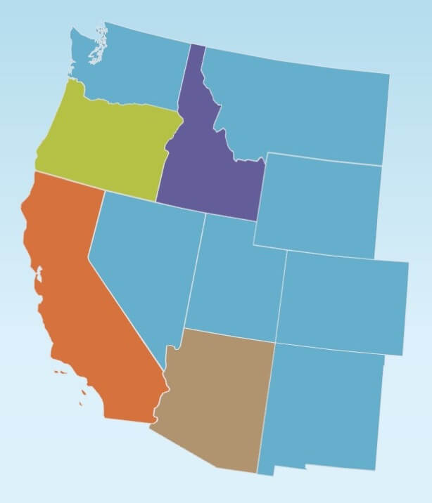 Map of the western US, with Oregon in green, Idaho in purple, California in orange, and Arizona in tan.