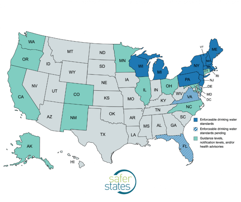 A map of the US showing which states have drinking water limits for PFAS.