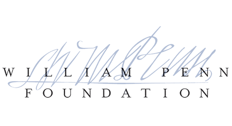 William Penn Foundation logo, black text with William Penn's signature in light blue behind