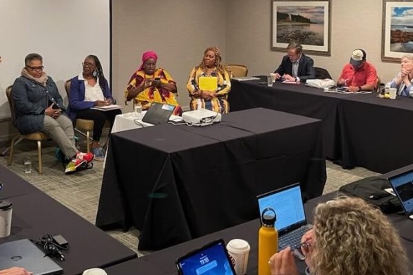 Monica Lewis-Patrick (left) and recipients (left to right) Rev. Dr. Joanne Watson, Mother Gwen Howard, and Gwen Winston (Wisdom Institute) share their stories with River Network Board Members, May 2023.