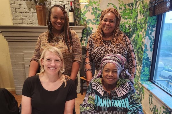 Cicely Allen (top left) and Gwen Winston (top right) from Wisdom Institute, and Mother Gwen Howard (bottom right) with RN VP of Philanthropy Lisa Runkel (bottom left) at a restaurant in Ann Arbor, MI, May 2023.