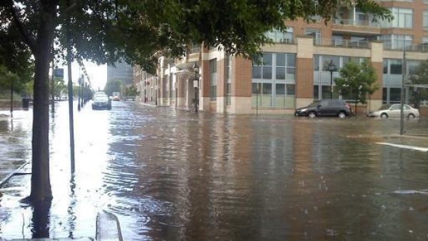 A city street in Baltimore, MD, is flooded. The water covers the entire roadway up to building windows and halfway up the wheels of parked cars.