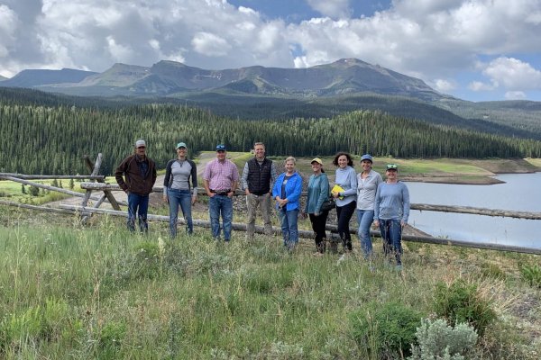 Representatives of Community Agriculture Alliance, Mancos Conservation District, and River Network at Yamcolo Reservoir during a tour of headgates and diversion structures along Beaver River near Steamboat Springs, CO.