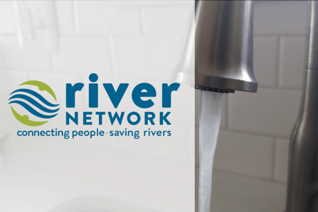 Image of a sink faucet with running water, overlaid with River Network logo