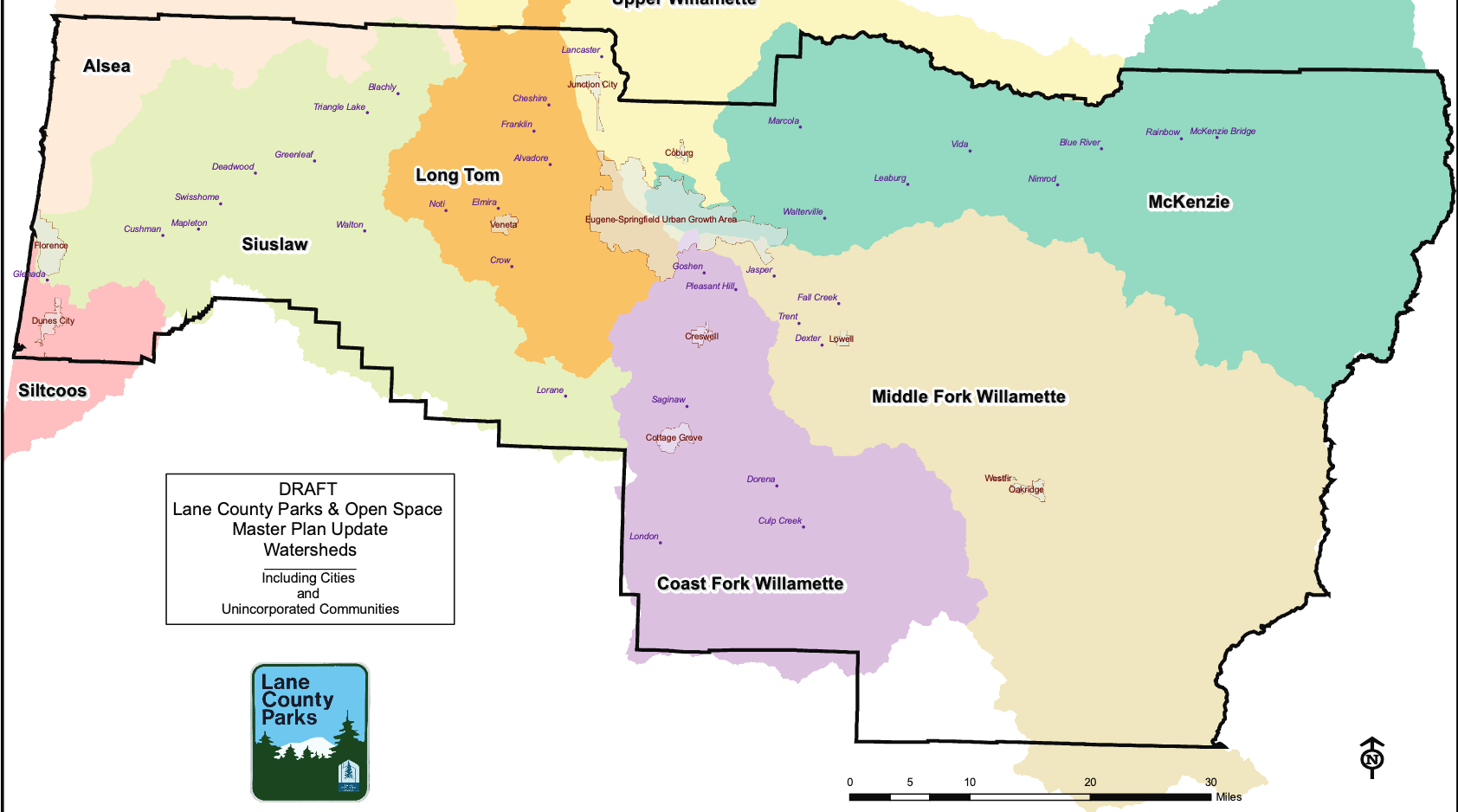 lanecountywatershedmap A map of watersheds located in Lane County, Oregon.
